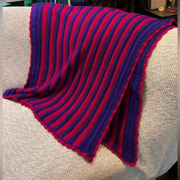 Vintage 1990s Handmade Crochet Blanket Red Purple Stripe 85”x42” - Picture 2 of 5